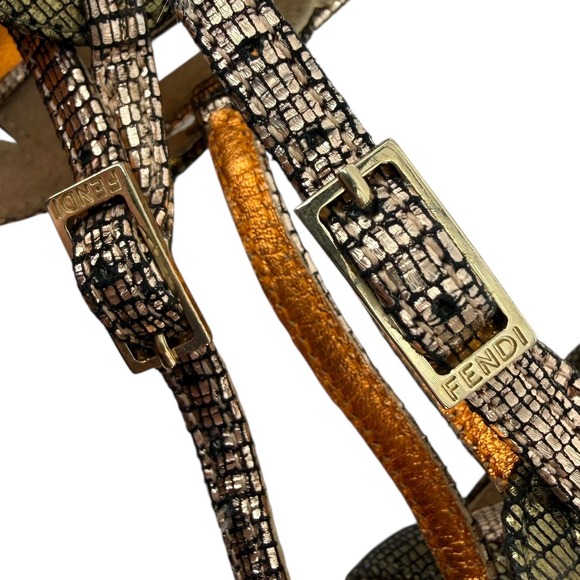 Fendi Metallic Lizard Embossed Strappy Sandals Heels 7/7.5 Gold Bronze Silver - Picture 7 of 15